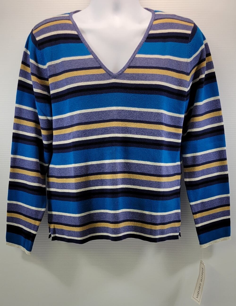L6) Pierre Cardin Knits Blue V-Neck Pullover Blue Striped Cotton Sweater XL